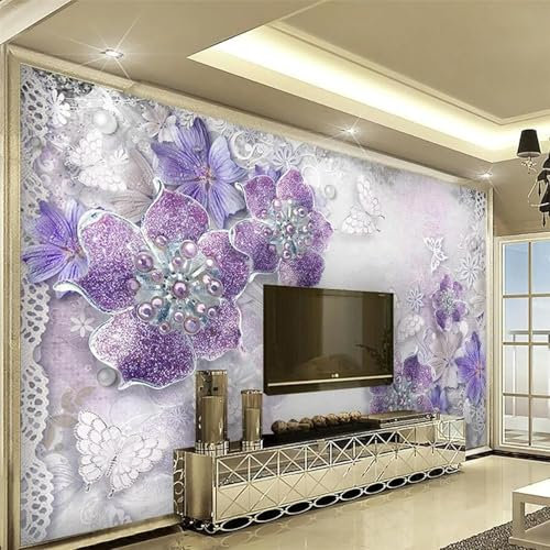 Tzxztt Fleur De Bijou Violet Papier Peint 3d Moderne En Soie GaufréE MatéRiau IdéAl Pour Le Salon Et La Chambre à Coucher-350cm×256cm
