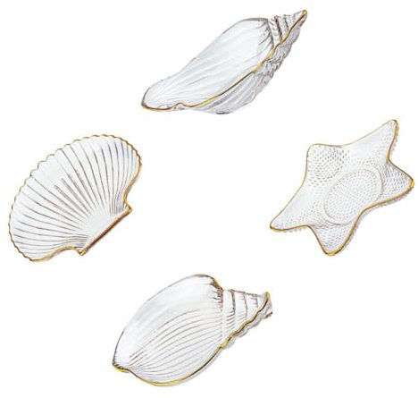 Healvian 4 Pièces Plateaux de Service à Fruits Transparent Doré Assiette de de Bijoux Étoile de Mer Coquillage et Conque Ensemble Créatif et Distinctif