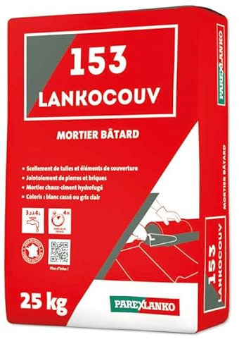 PAREXLANKO - Mortier de couverture hydrofugé - 153 LANKOCOUV - Blanc - 25kg | Hydrofugé - Prêt à gâcher - Scellement tuiles, rives, arêtiers et faîtages - Mortier bâtard - Joints maçonnerie