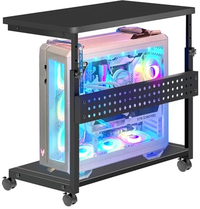 RayLove Height Adjustable Computer Tower Stand, 2-Tier Heavy Duty Mobile PC Tower Stand with 4 Locking Swivel Casters for Most Carpets, Gaming PC and Printer (Deep Black)
