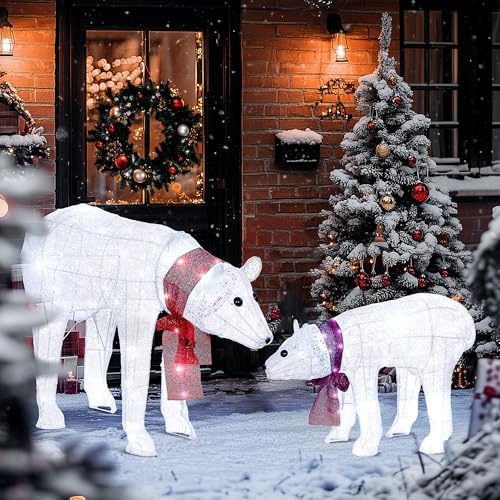 Outsunny Weihnachtsdekoration Eisbärenfamilie Mutter und Jungtier mit Timer | 140 Weiße LEDs, Beleuchtet Weihnachtsdeko, für Innen- und Außenbereich, Weihnachtsbeleuchtung