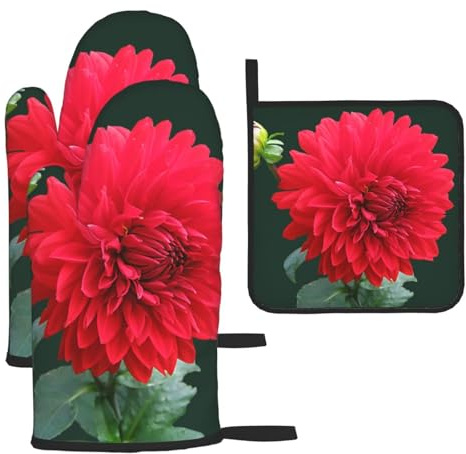 Dahlia Rouge, Ensemble de 3 Gants de Cuisine résistants à la Chaleur, maniques et maniques