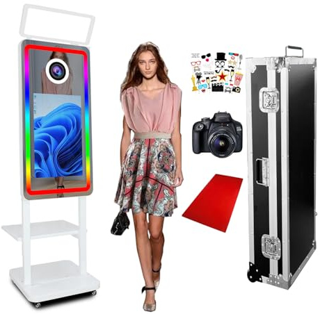 Cabina Fotografica DSLR Specchio Magico 40 Innovativa con Fotocamera, Schermo Touch 21.5 con Vassoio per Selfie, Luce di Riempimento Quadrata per Feste (White,with Camera)