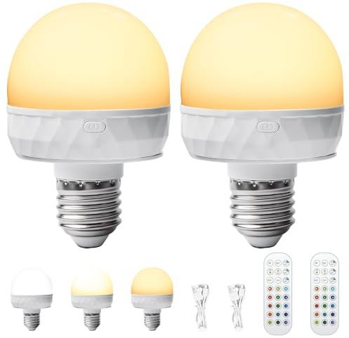 GBKDQQ Bombilla recargable con mando a distancia, 2 unidades, 3 colores, intensidad regulable, bombilla LED E27, 2500 mAh magnética, bombilla LED RGB, con función de temporización, luz de emergencia