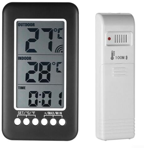 Termometro digitale wireless per interni/esterni con display LCD, registrazione della temperatura massima/minima, commutabile in ℃/℉, montaggio a parete, per decorazione da giardino, nero