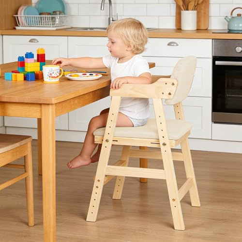 Hochstuhl Baby Kinderhochstuhl,Stabil & Sicher bis 90 kg Holzhochstuhl für kinder von 2 bis 12 Jahren Buchenholz Kinderstuhl, für Kinder und Erwachsener-48 x 46 x 78 cm – Beige