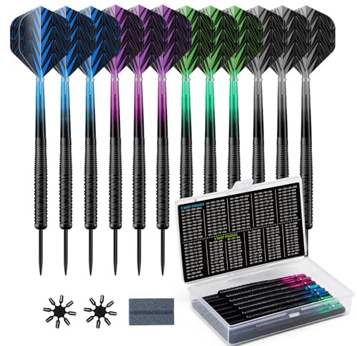 HUANQU 12 Pack Steel Tip Darts, 18g Darts Set with 4 Style Poly Flights With 8 Flight Protectors, Sharpening Stone & Storage Case, Ideal For Beginners, Home, Pub & Office Indoor Casual player Dart Set