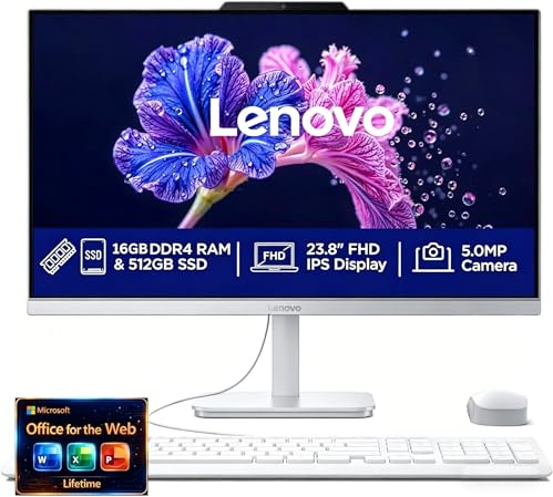 Lenovo Ordinateur de bureau tout-en-un FHD 24 - 32 Go de RAM - SSD 1 To - Processeur Intel 13ème 8 cœurs i3 (Beat 11th i5) - Clavier et souris - Windows 11 - Lifetime Office 365 pour le Web