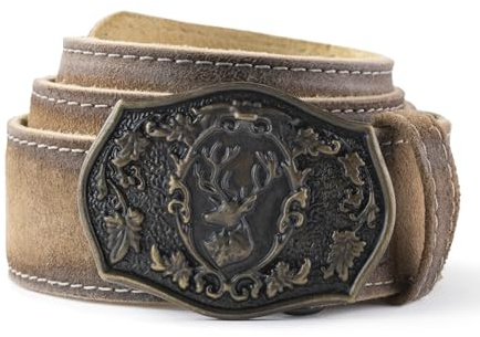 Schöneberger Trachten Couture Herren Trachtengürtel aus Leder, Lederhosen Gürtel mit Hirsch Kupfer-Schnalle für Oktoberfest, Ledergürtel Cedric (Angora-Braun,(46-48) 13858)