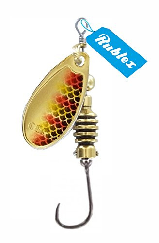 Rublex - Pack de 5 Cucharillas de Pesca Celta-3 BTG | Cebo Artificial de Pesca con Anzuelo Simple sin Muerte Fácilmente Intercambiable con Sistema Quita-Vueltas, Color BTG Oro Rojo Amarillo, 5gr