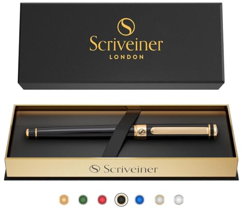 Scriveiner Tintenroller Hochwertiger Tintenroller mit Echtvergoldung, schwarze Schmidt Ersatzmine, Geschenkbox, Büro set, Schöne Professionelle Kugelschreiber (Schwarz) Luxury Pen