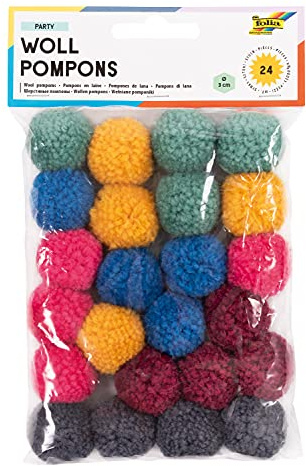 folia 50241 - Woll Pompons, Party, 24 Stück, sortiert in 6 Farben, ca. 3 cm Durchmesser, ideal für farbenfrohe Bastelarbeiten