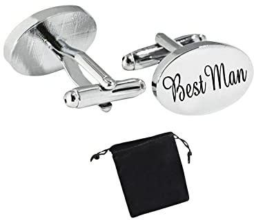 Virens Empourium Men's Wedding Cufflinks SILVER OVAL Cufflink, Groom Best Man Usher Page Boy and Many More Titles, Gift Pouch with Every Pair of Cuff Link (Best Man)