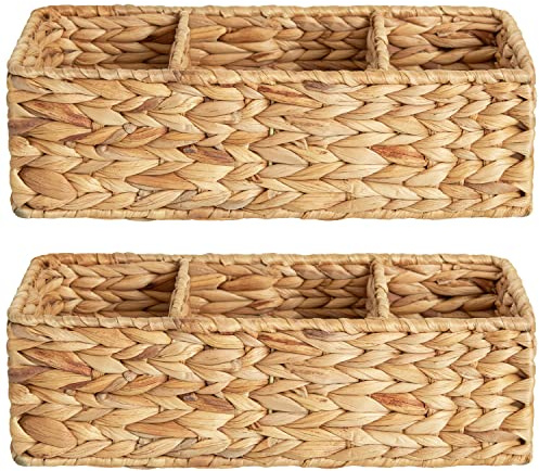 StorageWorks Wicker Basket Tank Topper, Wicker Storage Basket for Shelves, Toilet Paper Basket for Back of Toilet Tank Top, 3-Section Water Hyacinth Storage Baskets, 2-Pack