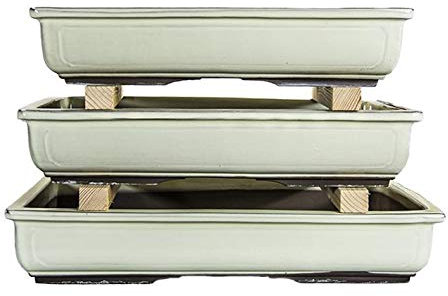 Vasi per bonsai Giapponesi Morrisan rettangolari in gres smaltato bianco (Set da n.3 pezzi) - B19-31