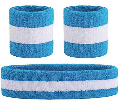 HANERDUN Sport Stirnband Herren Damen Schweißbänder Kopf Stirn Frottee Kopfband Sport für Laufen Fahrrad Joggen Tennis Fußball Gestreift Hellblau(Satz)
