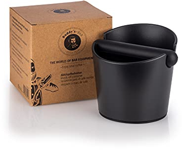 Buddy´s Bar - Barista Edition, Premium Abklopfbehälter für Espresso Kaffeesatz aus dem Siebträger, Ø 12,2/10 cm, H: 9,4/12,7 cm, ABS, Tresterbehälter mit abnehmbarem Knock Bar, schwarz