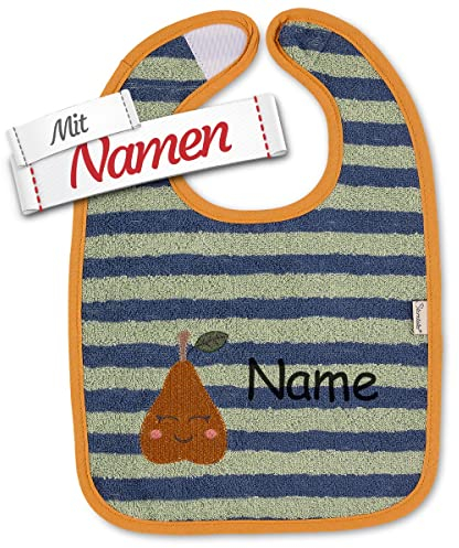 LALALO Sterntaler Lätzchen mit Namen bestickt, Baby & Kleinkind Spucktuch, Junge Klettlätzchen Halstuch/Babylätzchen personalisiert als Geschenk zur Geburt, Birne Blau Grün Gestreift