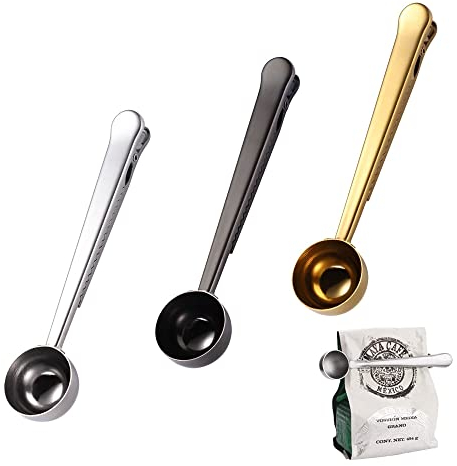 3 Pezzi Cucchiaino Caffè con Clip, Cucchiai Dosatori Caffè Manico Lungo, Acciaio Inox Cucchiaio Latte Polvere, Multifunzione Cucina Cucchiai Dosatore per Latte Polvere, Tè (Oro, Nero, Argento)