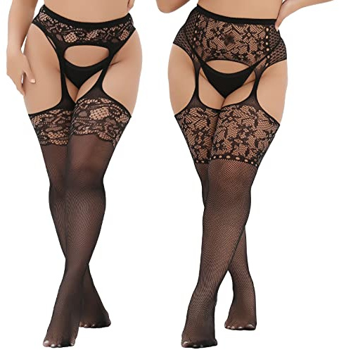MANZI 2 paia di collant da donna con reggicalze, taglie forti, con motivo, floreale e irregolare, Taglia unica