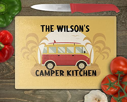 Personalised Camper Kitchen Glass Cutting Board, Worktop Saver - Chopping VW Van (Medium)