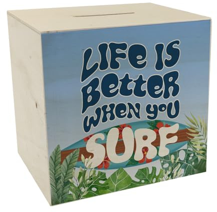 Spardose aus Holz mit schönem Surfbrett Motiv und Spruch - Life is Better When You surf sommerliche Spardose aus Holz als Geschenk für Surfer die auf EIN neues Surfbrett oder auf