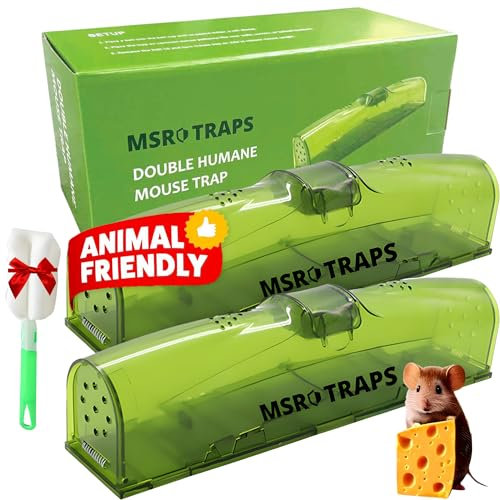 Humane-Mouse Traps for Indoors [2 Pack] Extra-Long with Safe Dual Side Upward Doors No Tail Cuts, Includes Gloves & Washable Brush Field Mouse Catchers & Reusable for Indoor/Outdoor Use No-Kill By MSR