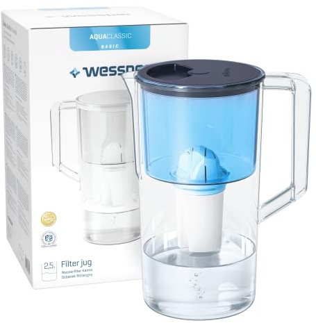 Wessper Carafe Filtrante Aqua Classic Capacité de 2,5l Bleue Avec 1 Cartouche Filtre d'Eau Inclus | Water Filter Caraffe d Eau Sans BPA Compatible Brita DAFI etc, 2.5 Litres