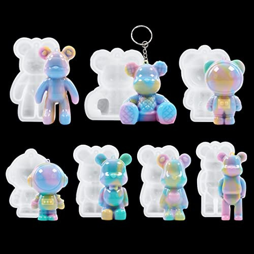 DIYBravo 7 Stücke Silikonform Epoxidharz Bär und Astronaut klein Resin Formen Schlüsselanhänger Gießform 3D Tierform Basteln Anhänger Heimdekoration