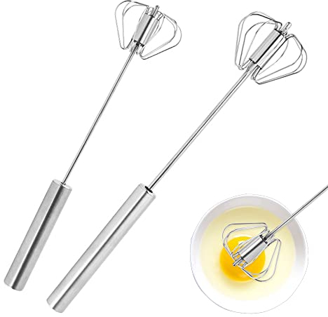 2 Stück Halbautomatischer Schneebesen aus Edelstahl, Halbautomatischer Handschneebesen, Mini Schneebesen, Handmixer Ohne Strom, Drehbarer Push Mixer Rührer, Hand Push Easy Whisk, Schlagen, Rühren