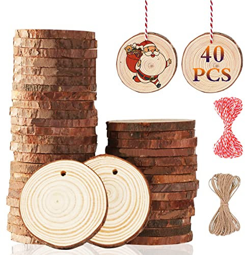 Miaikoe Natürliche Holz Scheiben 40pcs 5-6 cm Unfinished DIY Handwerk vorgebohrt mit Loch Runde Holzkreise für Kunst Rustikale Holz Scheiben Weihnachtsschmuck Dekor