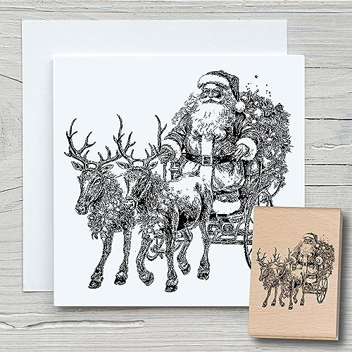 NEWSTAMPS Stempel Weihnachtsmann mit Rentieren Motivstempel groß aus Holz & Gummi zum Karten und Geschenke basteln, Holzstempel für Weihnachten, Weihnachtskarte, Scrapbook, Textilstempel, Deko, Kinder