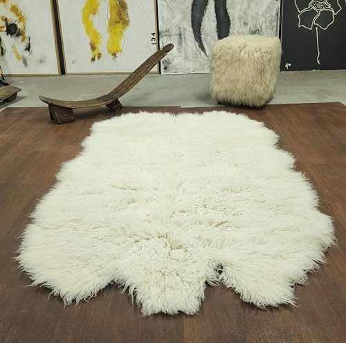 Super Thick 5x7 Sheepskin Shape Flokati Rug. Long 3.5” Organic Wool Pile. Shaggy Natural Wool Area Rug.