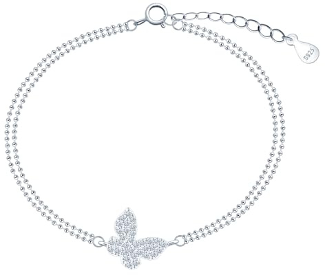 INFINIONLY Mode Damen Silber Armband 925 Silber Schmetterling mit Zirkonia Armbänder Elegante Doppelte Verstellbares Perlen-Kette Mädchen Diamant Armband