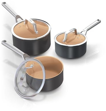 Ninja Extended Life 3-Piece Ceramic Saucepan Set,(16, 18 & 20cm Saucepans with Lids), Non-Stick(No PFAs, PFOAs, Lead or Cadmium), Induction Compatible, Oven Safe to 285°C, Terracotta & Grey, CW93000UK