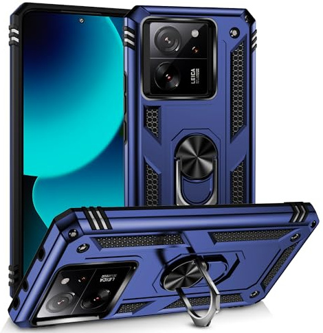 BestST Funda para Xiaomi 13T Pro/13T/Redmi K60 Ultra,+ HD Protector de Pantalla, Robusta Carcasa Híbrida TPU PC de Doble Capa Anti-arañazos Caso con Anillo Soporte,Azul