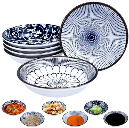 HEKOBAG Set of 6 Tapas Dishes, Ø 4inch Tapas Bowls Set Ceramic Saucer Dishs Ceramic Dipping Bowl Mini Side Seasoning Dish Soy Sauce Dish Small Spice Plates for Sushi,Sauce,Snack,Soy(3 OZ)
