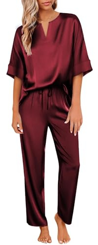 Ekouaer Women's Satin Short Sleeve Pajama Set Long Pants Wine Red L | V Neck,Oversized Fit,Wide Leg,Side Pockets,Elastic Waist,Lightweight,Soft,Loungewear