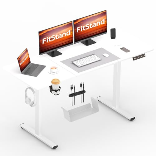 FitStand FQ1 140x60cm höhenverstellbarer Schreibtisch Electric Lift Desk mit Tischplatte, Stehpult, Lift Computertisch mit Haken, Kindersicherung, Memory-Funktion für Büro und Zuhause - Weiß