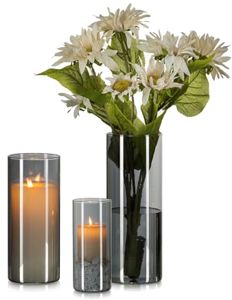 Hewory Vase Schwarz für Deko Wohnung: 3 Vasen Set Vase Glas Grau Schick Blumenvase Modern Glasvasen für Tischdeko - Schönes Windlicht Glas Schwarz Glasvase Zylinder für Geschenk Freundin Esstisch Deko