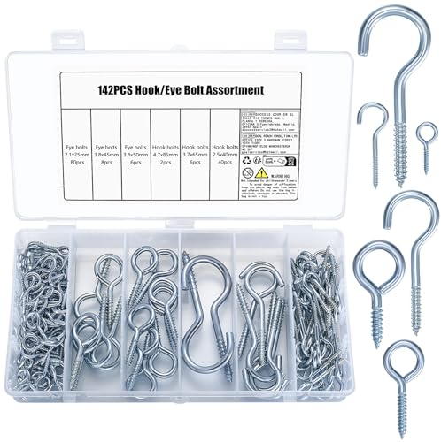 142 Pezzi Ganci a Vite per Legno: 48 Ganci Avvitabili Muro Metallo, 94 Viti per Occhielli, Gancio Soffitto, Viti a Occhiello, Gancio per Tazze Parete
