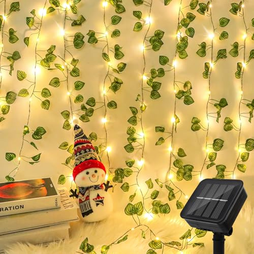 10M Efeu Künstlich Efeu Lichterkette,Solar Lichterkette Aussen mit 8 Modi,Künstlich Efeugirlande mit 100 LEDs Lichterketten Vorhang,Efeu Vorhang Led Efeu Solarlichterkette für Garten, Balko, Partys