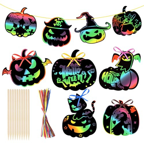 HOWAF Lot de 36 kits de Scratch Art pour Halloween, citrouille feuilles noires à gratter, projets et gadgets pour enfants, remplis de sacs et cadeaux