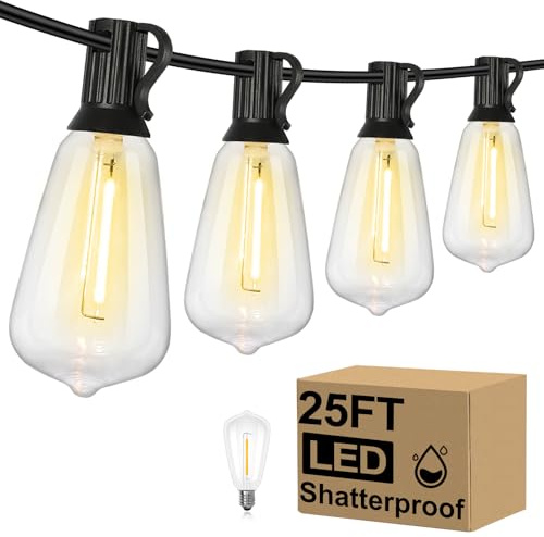 Brightever Outdoor String Lights, 25FT Patio Lights with 13 ST38 LED Edison Bulbs (1 Spare), Waterproof Connectable String Lights for Outside, Dimmable Hanging Light for Backyard Porch Decor, Black