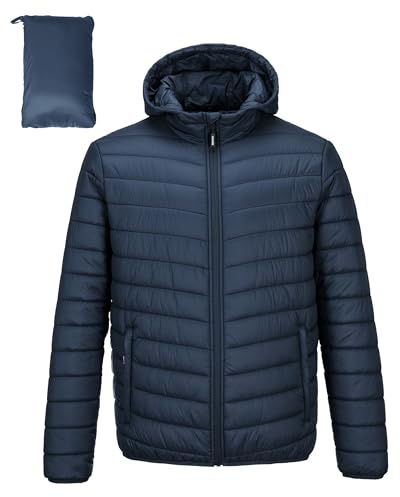 Outdoor Ventures Herren Steppjacke Wasserdichte Pufferjacke Verstaubare Leichte Wasserdichte Kapuzenjacke Winterjacke mit Taschen Juwel Blau XL