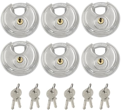 Waziaqoc Lot de 6 cadenas à disque avec clés identiques, 7,5 cm, en acier inoxydable, étanche, unité de rangement pour portail, extérieur, abri de jardin, clôture