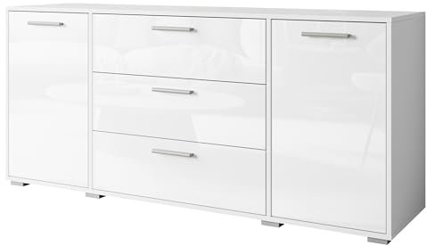 Mirjan24 Kommode Brikuf 150 mit 3 Schubladen und 2 Türen, Schubladenkommode für Wohnzimmer oder Esszimmer, Türkommode, Anrichte, Mehrzweckschrank (Weiß/Weiß Hochglanz)