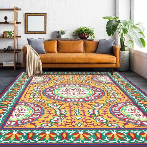 Neuer waschbarer Wohnzimmerteppich, rutschfeste Akzentteppiche, Schlafzimmer-Esszimmer-Flurteppich, weicher Kurzflorteppich, Ethno-Stil, Kreis-Blumenmuster, Gelbgrün, 120 x 170 cm Learned extensively