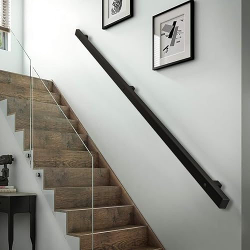 Hamankim Stair Handrails for Walls, 1m 1.5m 2m 2.5m 3m Metal Wrought Iron Square Pipe Staircase Banister, Modern Non-Slip Grab Rail for Outdoor Indoor Steps, Black(12ft/360cm)