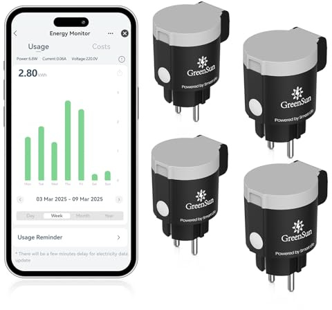GreenSun Steckdose für den Außenbereich, 16 A, Typ E, 4 Stück, WLAN, programmierbar, Timer, Sprachsteuerung, kompatibel mit Alexa und Google Home, Energiezähler, App-Steuerung Smart Life 2,4 GHz, IP44